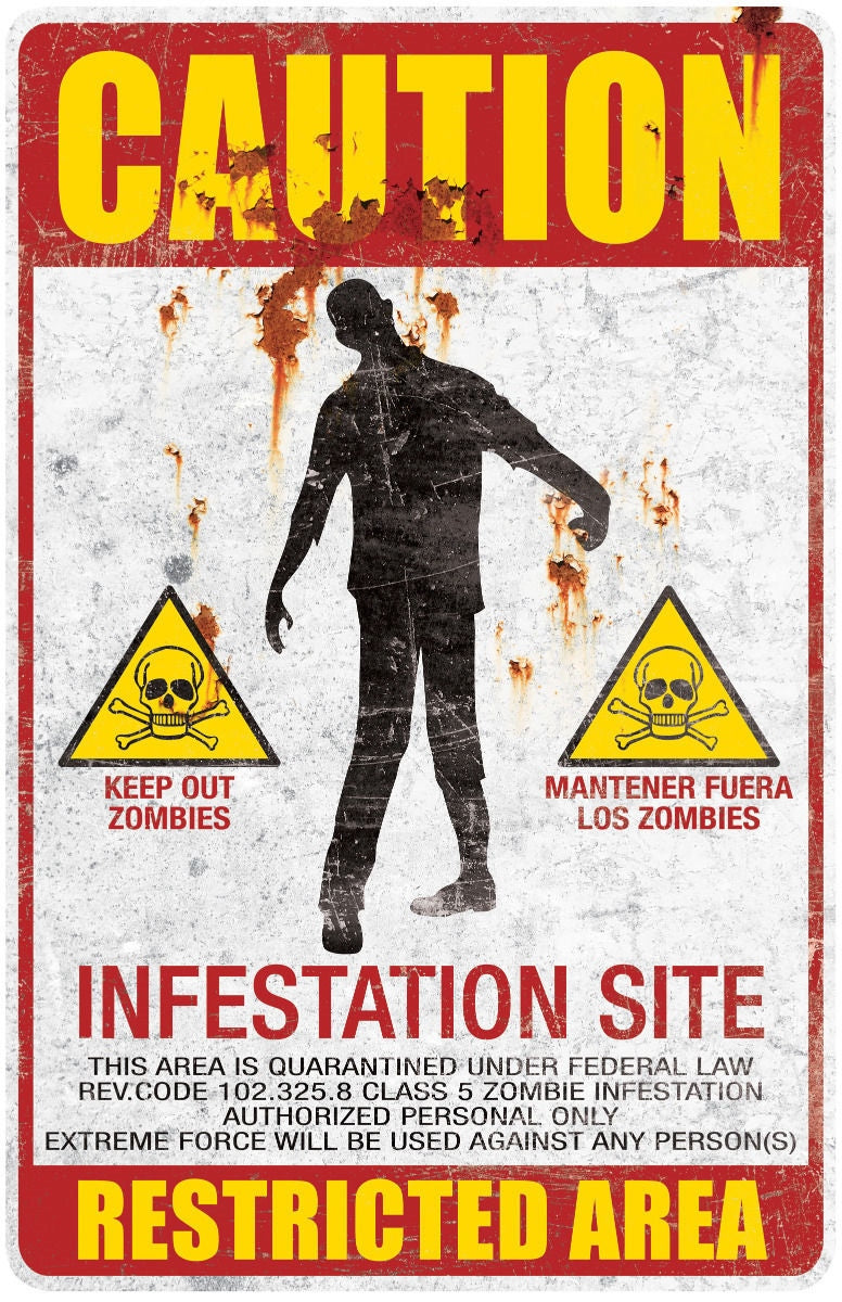 Caution Zombie Infestation Site Metal Sign Halloween Decoration Prop NEW