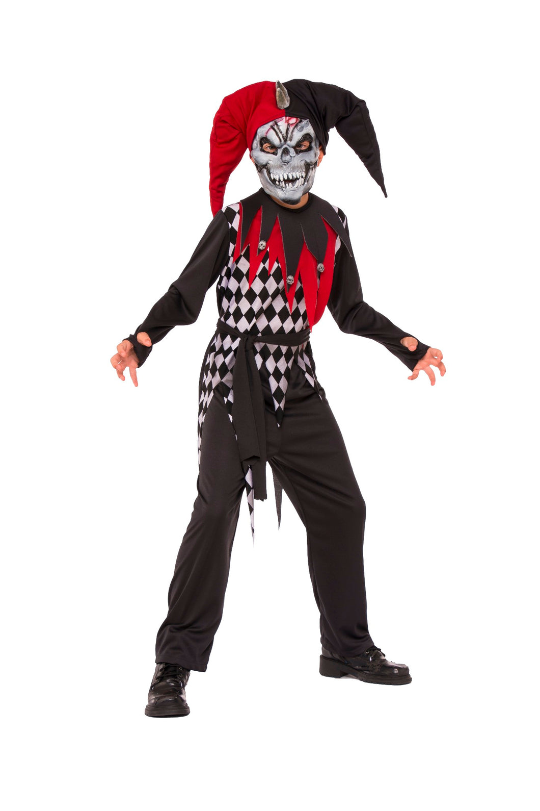 Evil Jester Clown Skeleton Child Boys Costume NEW Red Black