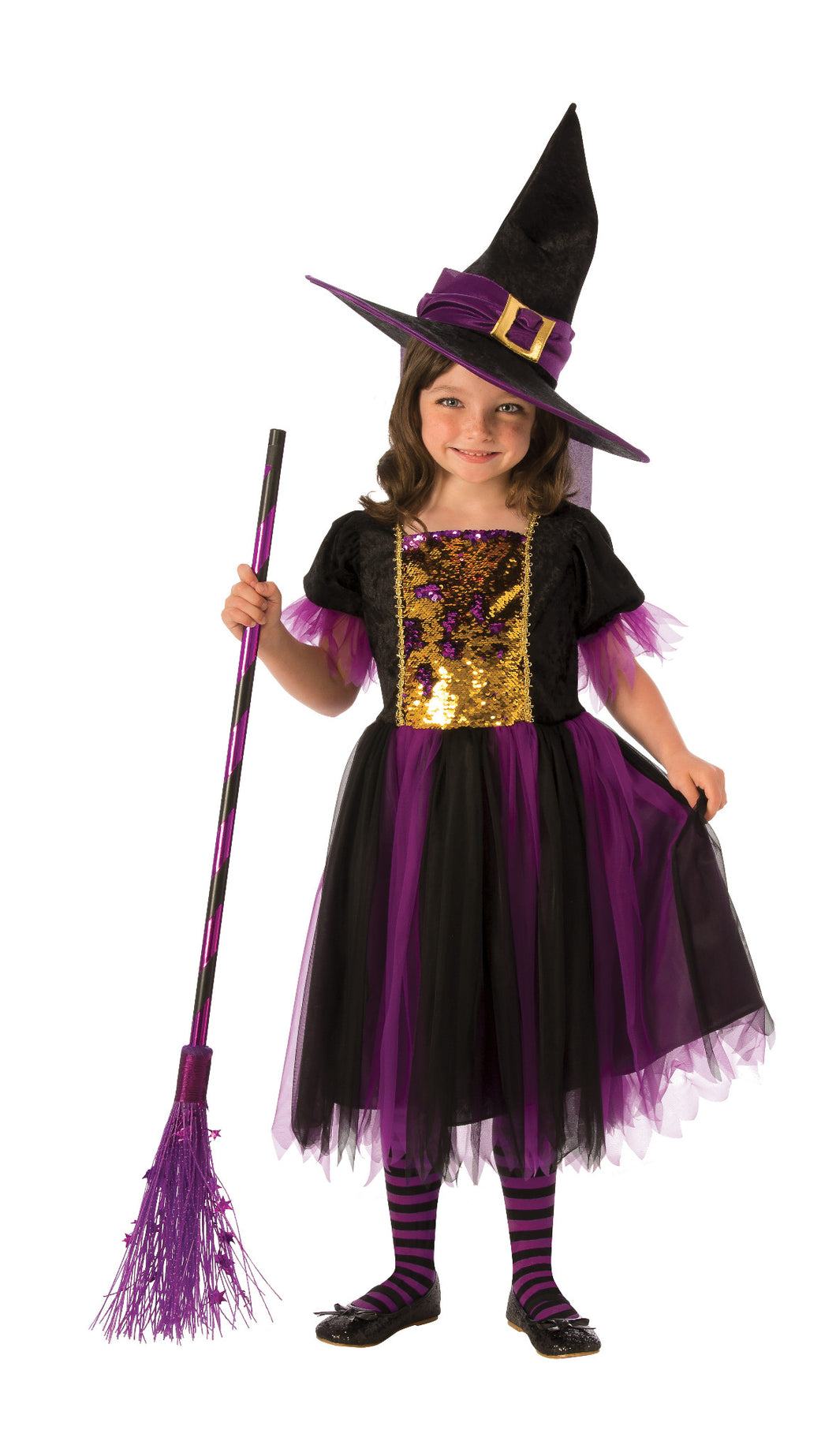 Color Magic Witch Dress Hat Black Purple Gold Sequin Child Girls Costume NEW