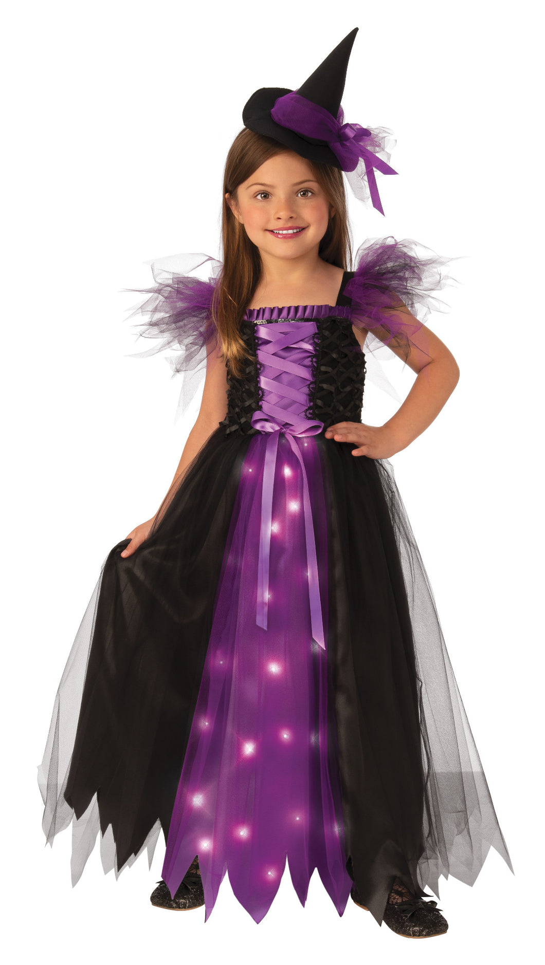 Fancy Witch Black Purple Light Up Girls Child Costume NEW