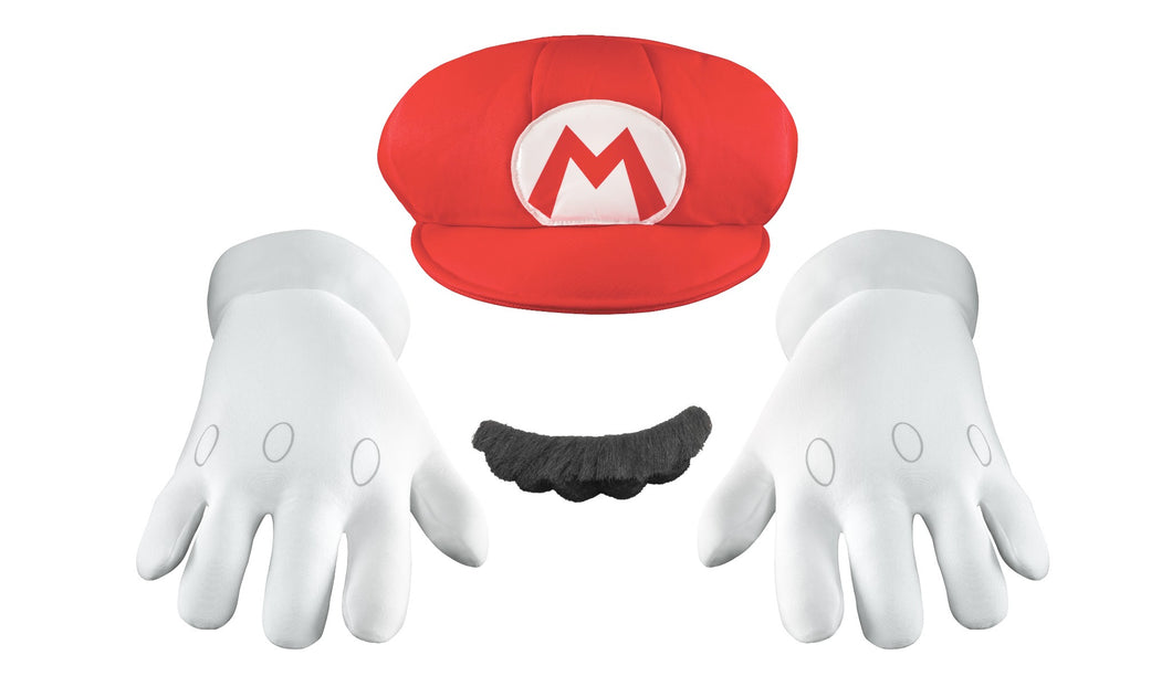 Mario ADULT Costume Accessory Kit NEW Hat Gloves Mustache Super Mario Bros