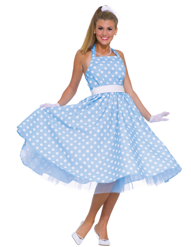 50s Prom Dress Blue White Polka Dot Womens Adult Costume Plus Size NEW