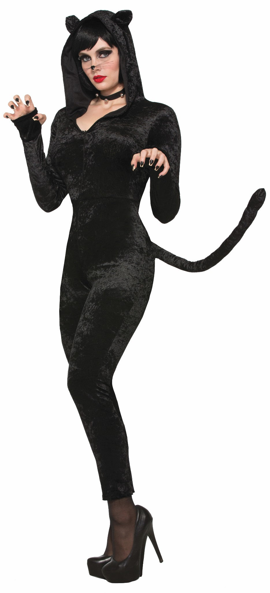 Black Cat Sly Kitty Adult Womens Costume Jumpsuit Hood Tail NEW