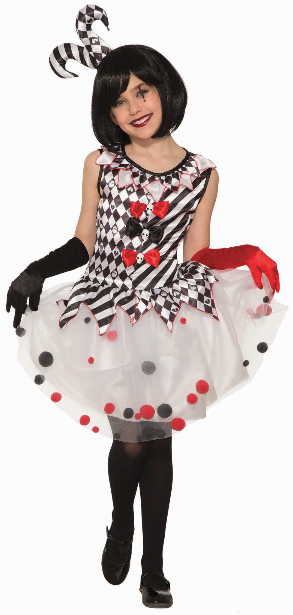 Harlequin Clown Child Girls Black White Red Costume Dress NEW