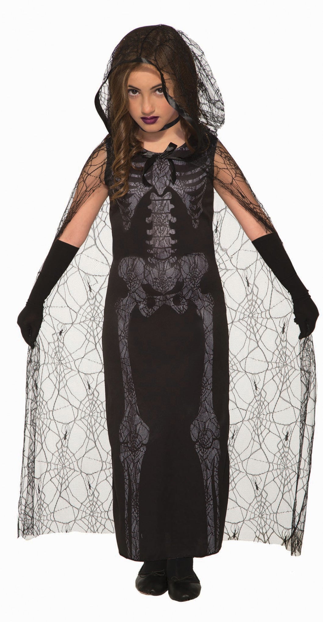 Graveyard Spirit Skeleton Ghost Girls Child Costume Black Cape Dress NEW