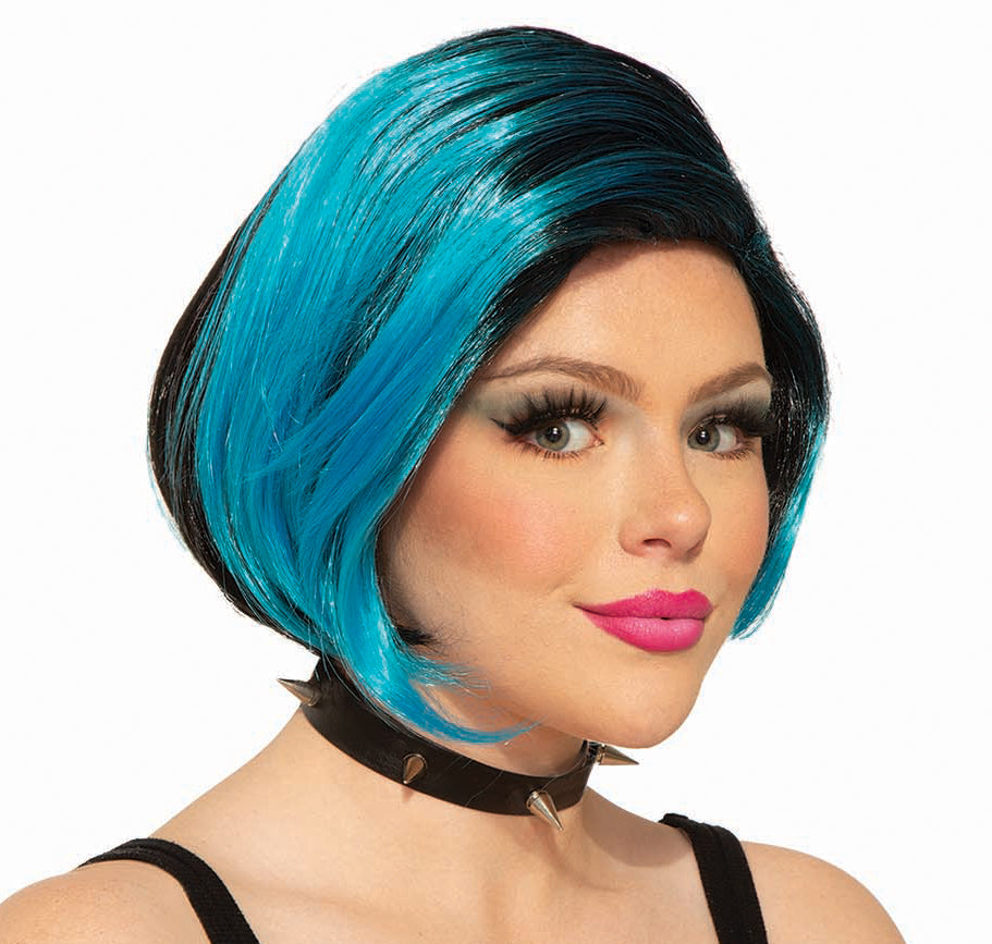 80S Punk Girl Blue Black Womens Wig Adult Costume Accessory NEW