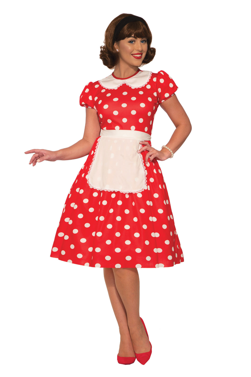 50s Housewife Red Polka Dot Dress Adult Womens Standard Size NEW