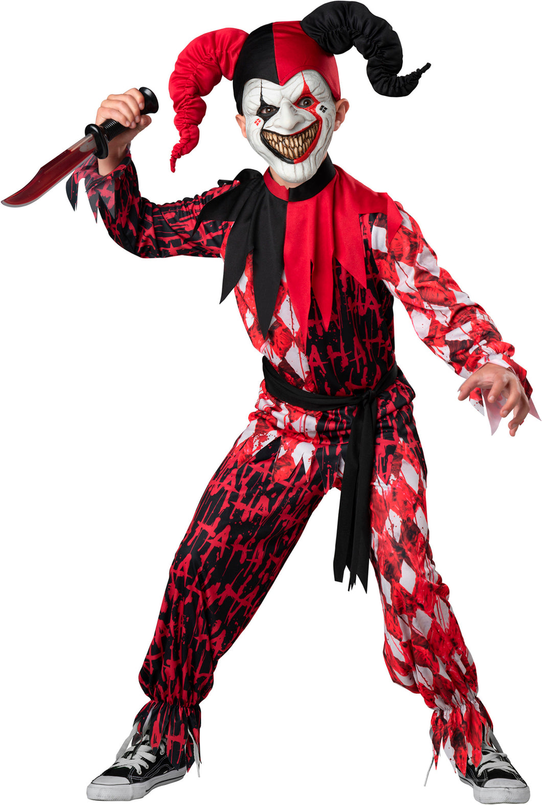 Evil Jester Red Black Clown Scary Child Boys Costume NEW